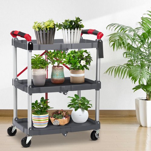Collapsible Service Cart,3-Tier Portable Cart/Detailing Cart/Utility Carts with 2 Lockable Wheels Use for Home/Commercial/Office/Warehouse,Black, 56 Lb. Load Capacity Per Shelf-Grey