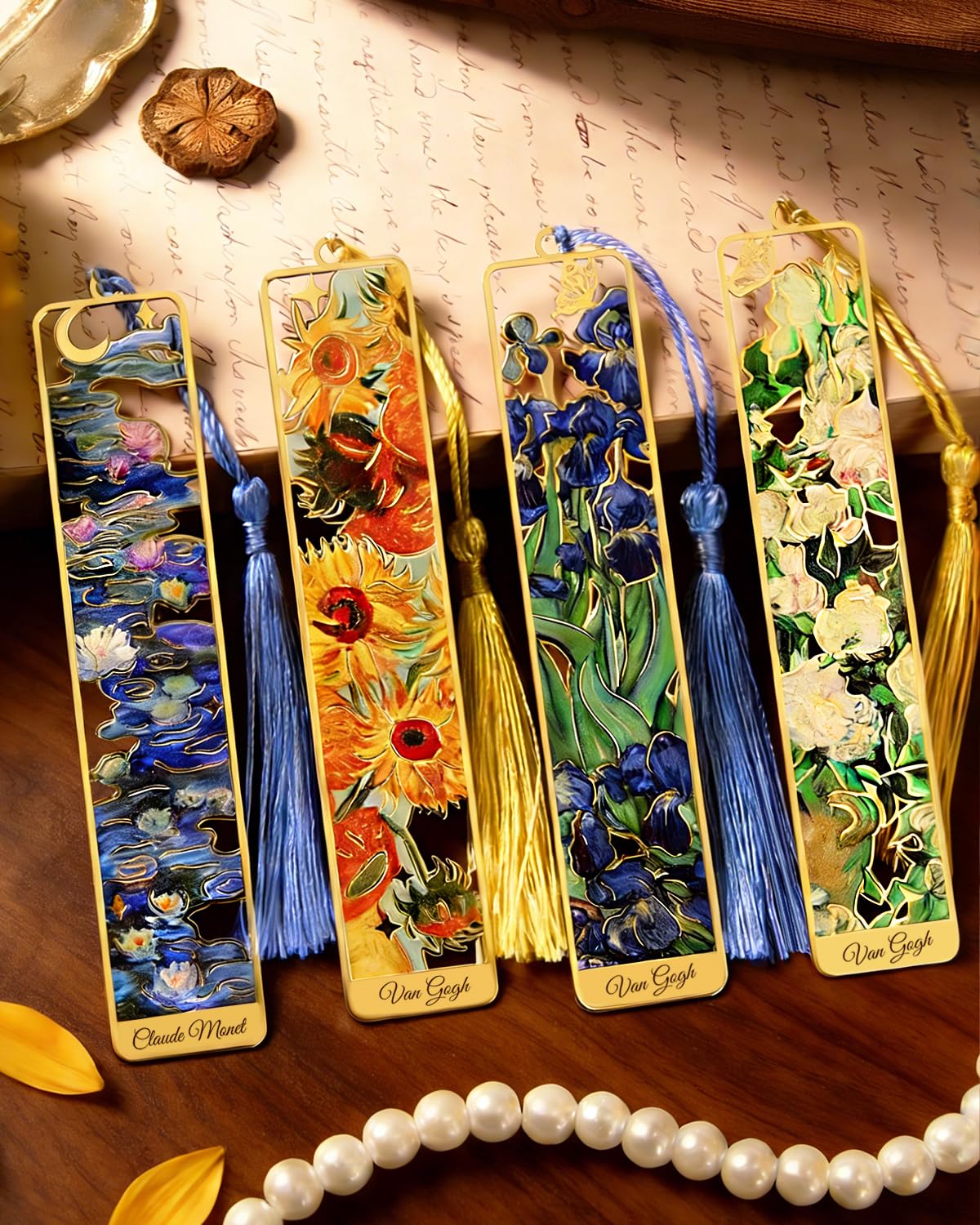 HOMTEK 4 Pieces Metal Bookmarks with Tassel, Golden Hollow Bookmark Van Gogh Monet Oil Painting Theme Book Marker for Book Lovers Writers Readers Children Teens Men Women Adults