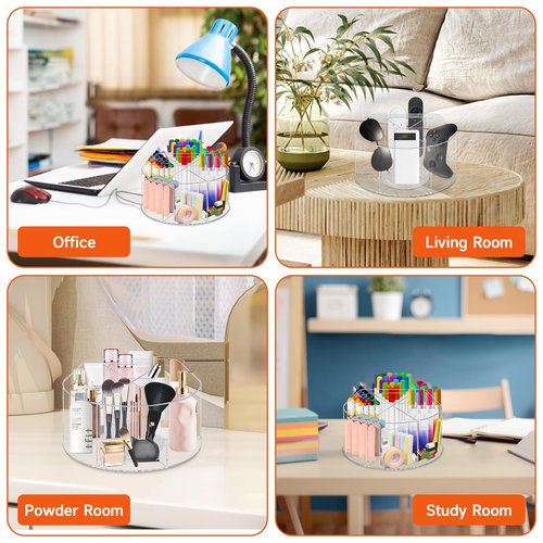 yintok Acrylic Rotating Organizer, Large Pen Organizer 360° Rotating Crayon and Marker Holder, Pen Holder with 6 Compartments, Pencil Storage Organizer with Handle for Office Home School