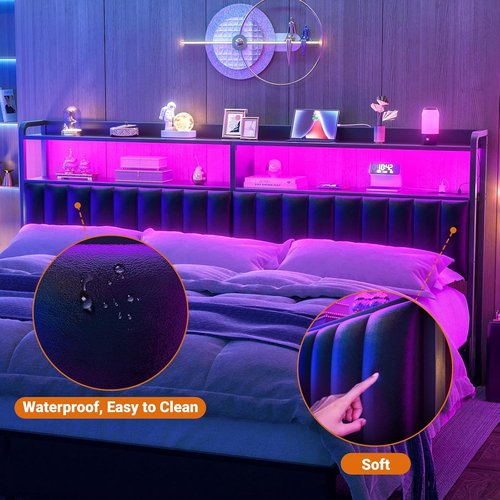 Aheaplus King Size Upholstered Headboard - Adjustable Height, USB Ports & LED Light, Black