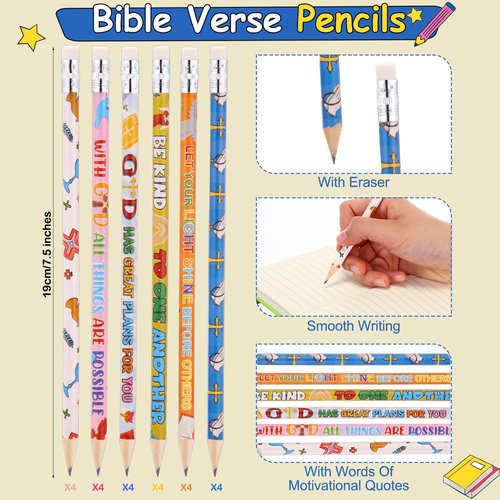 Yexiya 96 Pack Christian Bible Stationery and School Supplies Set Christian Church Gifts Bible Verses Pencils Religious Jesus Erases for Church Sunday School Gift Classroom Reward