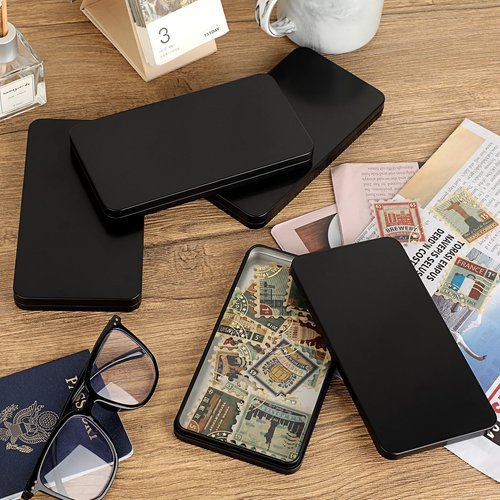 Hipiwe Metal Rectangular Cash Box with Lid - 4 Packs Currency Tray Money Holder Black Metal Empty Box Container Small Dollar Bill Storage Tin Box for Cash Coin Jewelry Stamps Organizer