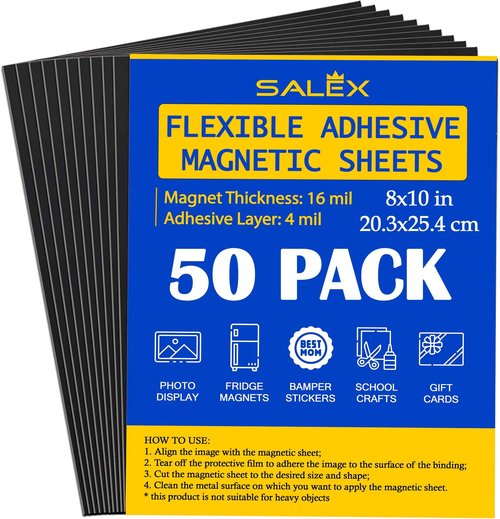 Magnetic Sheets with Adhesive Backing 8" x 10" for Crafts, DIY. 50 Strong Craft Magnets to Make Flexible Magnet Self Sticky Tapes, Strips, Squares, Sheet for School Classroom Board, Fridge, Photos