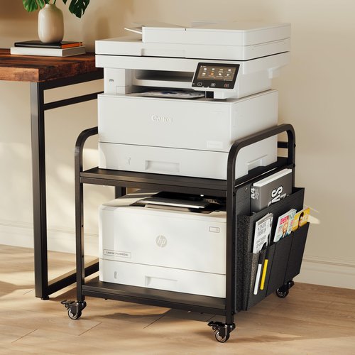 RoleDec 2-Tier Large Under Desk Printer Stand with Storage, 3D Printer Table with Height Adjustable Shelf & Charging Plug, Rolling Cart with Wheels for Home Office (Obsidian Black)