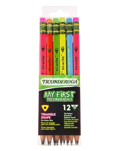 Ticonderoga® Tri-Write Beginners' Pencils With Erasers, #2 Soft, Yellow Barrel, Pack Of 36 & My First Tri-Write Wood-Cased Pencils, Neon Colors, 12 Count (X13012)