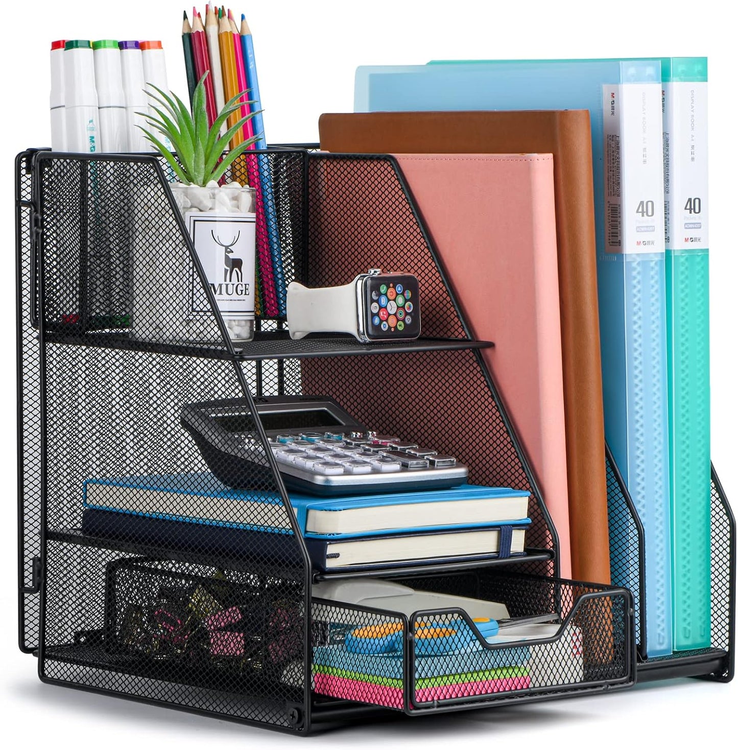 Topwey Desk Organizer - 2-Tier File Organizer with Drawer & Pen Holders | Mesh Desktop Storage Solution