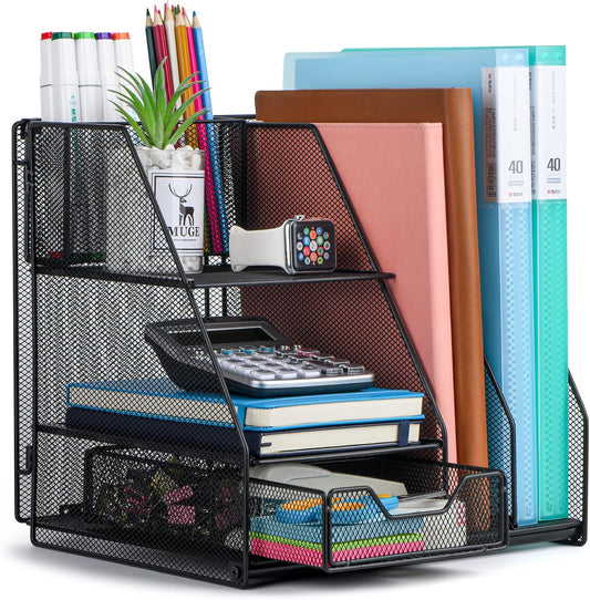 Topwey Desk Organizer - 2-Tier File Organizer with Drawer & Pen Holders | Mesh Desktop Storage Solution