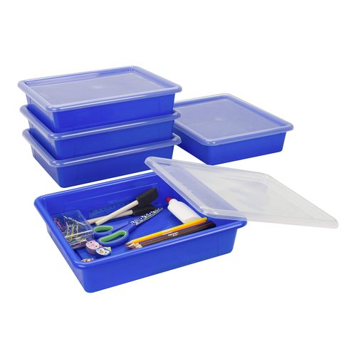 Storex Letter Size Flat Storage Tray – Organizer Bin with Non-Snap Lid for Classroom, Office and Home, Blue, 5-Pack (62536U05C)
