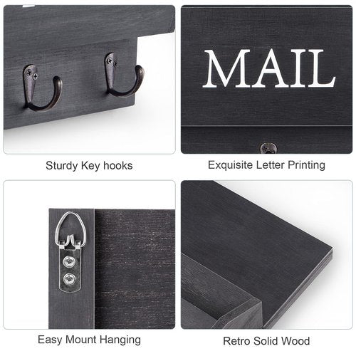 DLQuarts Mail Organizer with Key Holder for Wall, Mail Sorter Wall Mounted, Decorative Wooden Key and Mail Holder with 3 Hooks, Black