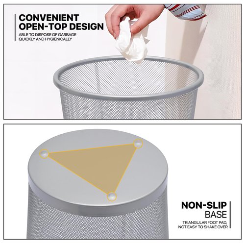 MoNiBloom 3-Gallon Mesh Trash Can for Office Small Metal Wire Garbage Bin Wastebasket for Home Bedroom Under Desk Dorm Room Lightweight Open-Top Waste Paper Basket Recyling Container (Silver, 2-Pack)