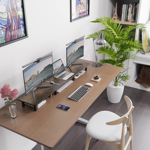 WEGASTU Dual Monitor Stand - 43.7 inch Extra Long Wide TV Stand - Wood & Steel Leg Desktop Riser - Desk Organization - Home Office (Vintage)