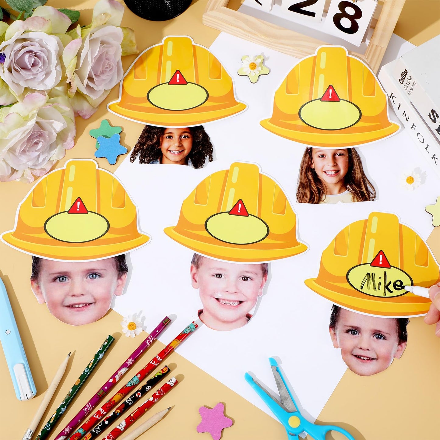 gisgfim 80Pcs Construction Helmet Cutouts Back to School Decorations Bulletin Board Construct Paper Cut-Outs Classroom Decor for Boy Girl DIY Craft Photo Wall Kindergarten Preschool Party Favor Supply