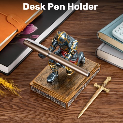 Akulgaci Medieval Knight Pen Holder with Sword, Kneeling King's Guard Warrior Pencil Stand Office Accessories Cool Fancy Desk Decor Gift for Men Father Husband Grandfather Boyfriend Boss Him