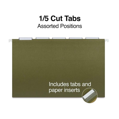 Staples Hanging File Folders, 1/5-Cut Tab, Legal Size, Includes Tabs & Paper Inserts, Perfect for Home, Office, Classroom, 50-Pack, Green