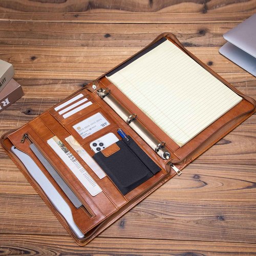 Geslun Genuine Leather Portfolio with 3 Ring Binder, Full Grain Leather Padfolio Zippered, A4 Notebook Holder Laptop Sleeve Professional Folder Organizer Gift for Men and Women, Brown, Oil Tanned
