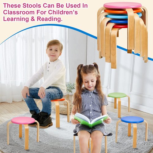 Sintuff 12 Inch Wood Stackable Classroom Stools Bentwood Stacking Chairs for Kids Colorful Round Nesting Stools Pack of 6 for Toddlers Adult Playroom Daycare Home Office