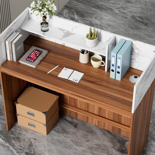 UEV Modern Reception Desk with Counter, Front Desk Reception Room Table with Cable Grommet, Marble Top Front & Led Lights, Retail Counter for Beauty Salon, Checkout, Home Office