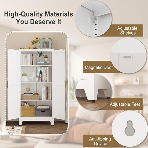 Pozdeg Metal Storage Cabinet - 61" Tall Steel File Cabinet with 2 Doors & 3 Adjustable Shelves | Versatile White Storage for Home, Office, Garage, or Outdoor Use