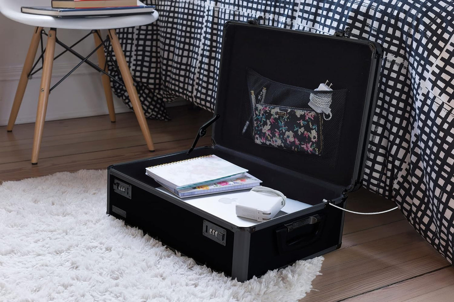 Vaultz Storage Lock Box - Lockable 6.5 x 19.25 x 13.5 Inch Trunk with Combination Lock | Black on Black