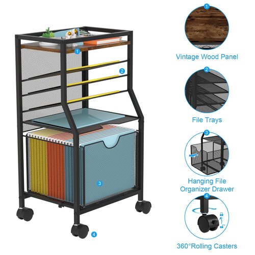 BOHDK Rolling File Cart, 6-Tier Desk File Organizer on Lockable Wheels, Brown Wood Planks & Mesh Sliding Hanging Folder Drawer, Organization Cart for Office Home School