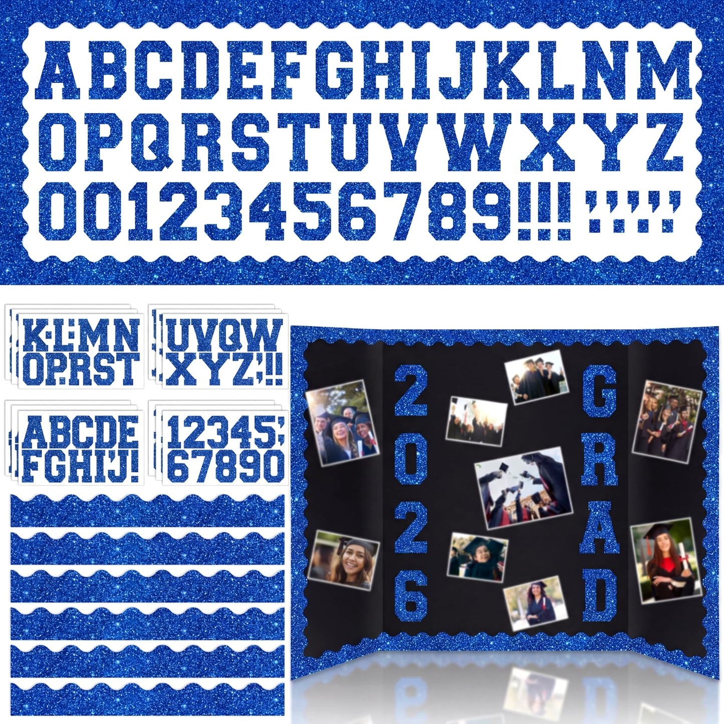 FunooFuno Blue 175 Pcs Graduation Photo Display Board Sticker Glitter Border Trim Alphabet Letter Number for 2026 Grad Party Trifold Poster Photo Display Event Displays Bulletin Board