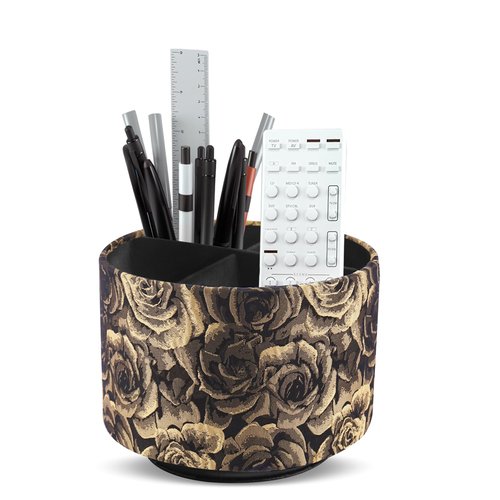 QIELIZI Round Leather Art Supply Organizer,Remote Control Holder,360 Degree Rotating,Multi-Functional Pencil Holder,4 Compartments Desktop Stationary Organizer(1-3D Rose Yellow)