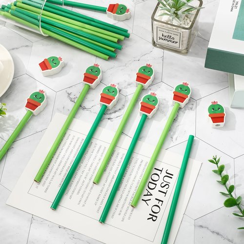 FYSUIMU 50 Sets Cactus Themed Gifts Back to School Gifts With Green Pencils Cute Cactus Erasers and Motivational Postcards for Students Bulk First Day of School Reward Party Favor