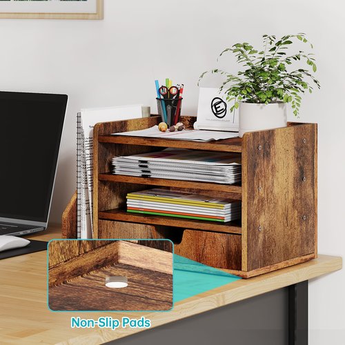 NiOffice Wood Desk File Organizer with Side File Rack, Space-Efficient Design Easy to Assemble for Efficient Office Setup, Reduces Desk Clutter (Brown)