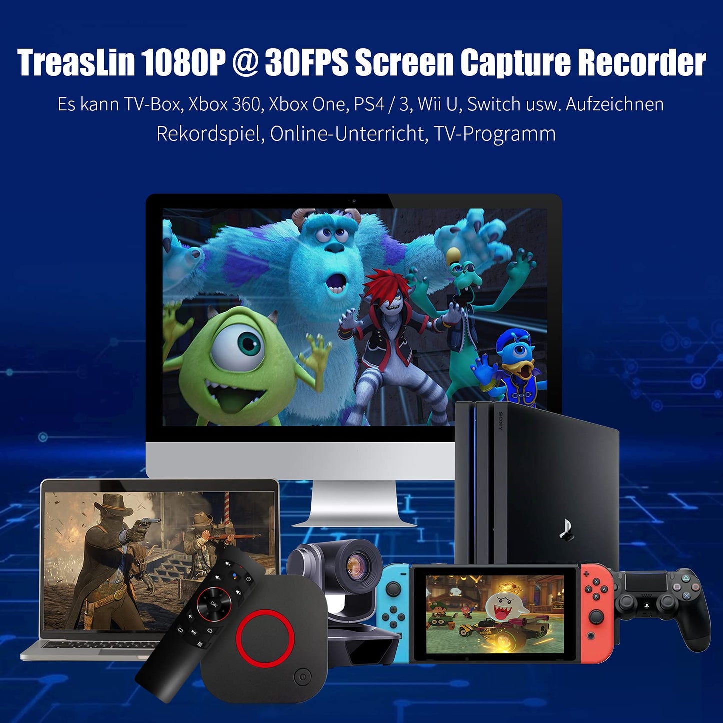 TreasLin Screen Capture Recorder, No PC Required 1080P HDMI Recorder,One-Click Recording, Screen Recorder Compatible with TV Box Xbox One PS4 Wii U Switch School lectures,No PC Required…