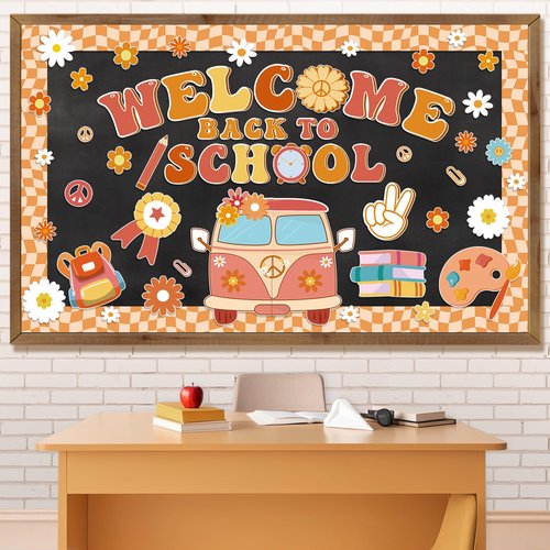 Aneco Retro Boho Welcome Back to School Bulletin Board Decorations Groovy Classroom Decoration Cutouts Motivational Pencil Bus Schoolbag Paper Cutouts for Kindergarten Preschool Wall Door Decor