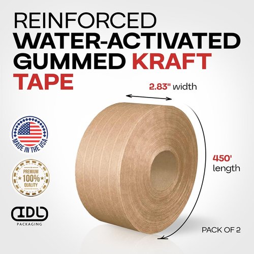 IDL Packaging Reinforced Water-Activated Kraft Gummed Tape - 2.83" x 450ft, 30lb Thickness, Brown | Heavy-Duty Carton Sealing