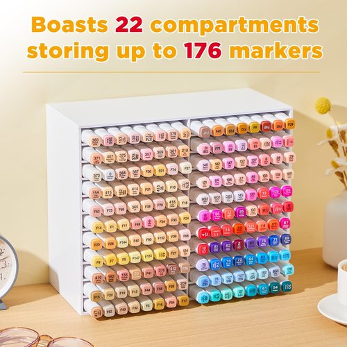 MotiMind Acrylic Marker Organizer for 176 Marker, Large Art Pencil Holder Storage Rack for Desk, Pens Art Brushes Display Stand with 22 Compartments for Desktop, Office (White, 176 Capacity)
