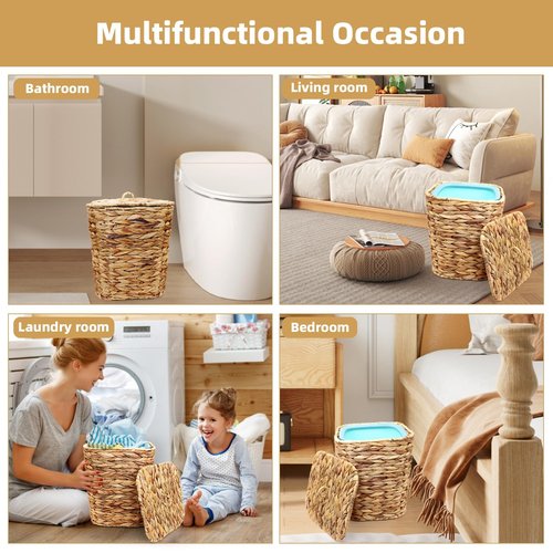Oranwell 3 Gallons Wicker Waste Basket Can with Lid & Liner, Handwoven Wastebasket Wastepaper Basket with 60Pcs Bag, Wicker Trash Garbage Rubbish Can Bin Basket for Bedroom Bathroom Kitchen Office