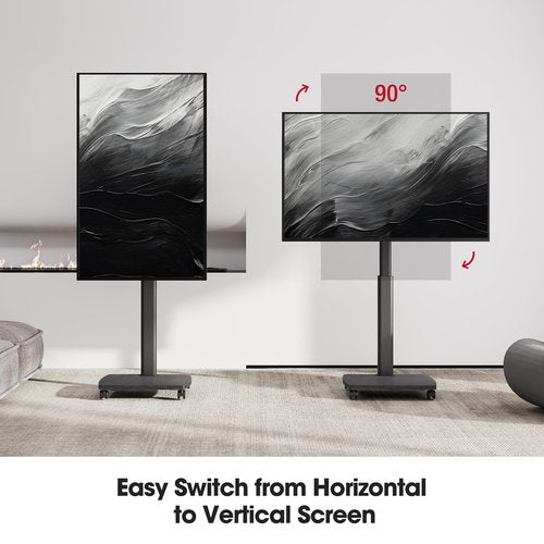 AOKCOS Portrait to Landscape Rolling TV Stand with 12°Tilt, Mobile TV Cart with Wheels for 32 to 55 65 Screens/Monitors, Portable TV Stand on Wheels for Home Office with Wooden Base, Black