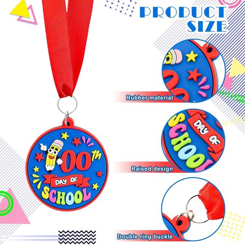 Poen 48 Pcs Happy 100 Days of School Award Medals 1.97'' Rubber 100th Day of School Medals for Awards for Kids with 29.5" Ribbon Classroom Supplies Themed Party