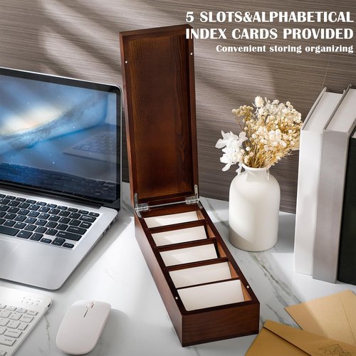 Hoteam Business Card Holder 2.2 x 3.5 Inch Index Card Holder Wood Desktop File Organizer 5 Dividers Holds 500 Cards Storage Box for Office Business Classroom 11 x 4.33 x 3.15 Inch