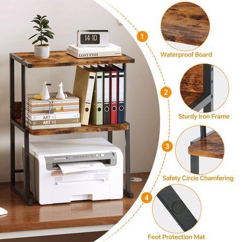 Homeiju Desktop Printer Stand,3 Tier Wood Storage Shelves, Multi-Function Storage for Fax Machine, Scanner, Files, Books, Heavy-Duty Metal Frame with Space-Saving, Rustic Brown