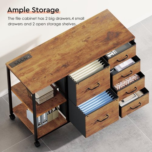 Maihail 6 Drawer File Cabinet with Charging Station Rolling Printer Stand with Open Storage Shelf Fabric Lateral Filing Cabinet for Home Office,Rustic Brown2