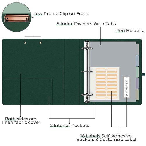 EYROZILL 3 Ring Binder 2 Inch, Binder for Letter Size (11" x 8.5") with 5 Tab Dividers, File Folder Labels and Low Profile Clipboards, Blackish Green