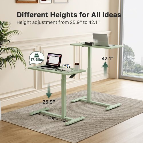 Gibbon Mounts Mobile Standing Desk - Pneumatic Adjustable Rolling Desk (31.5 Inches) | Portable Laptop Table with Lockable Wheels for Home & Office - Green