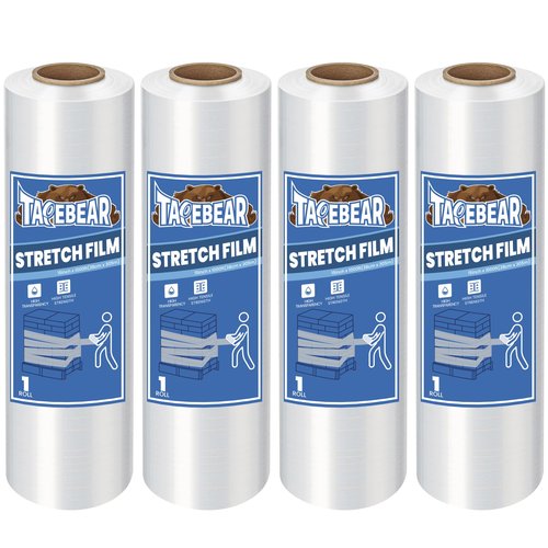 TAPEBEAR 4 Rolls Stretch Wrap Heavy Duty 15" x 1000 Ft, 80 Gauge Industrial Strength Shrink Wrap, High Performance Clear Plastic Wrap Self-Adhering for Furniture Moving, Luggage Packing, Pallet Wrap
