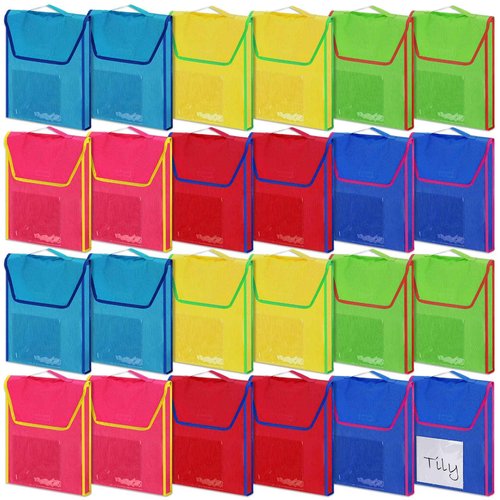 24 Sets Large Book Pouches Book Buddy Bags for Classroom Bulk Reading Bags Book Bag with 25 Pcs Name Tags for Kids Students School, 15 x 11.8 Inch