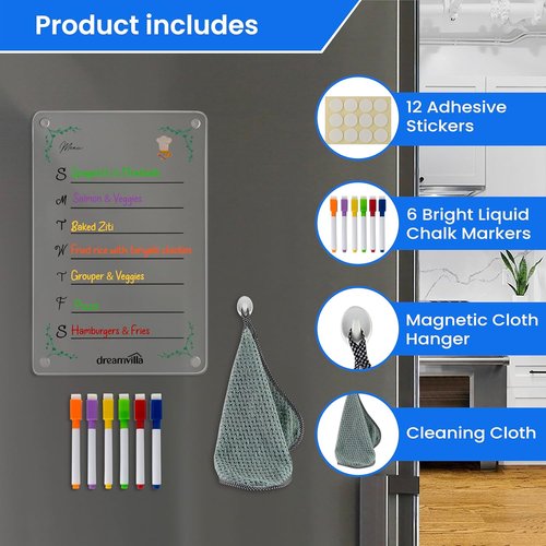 Skiennix Acrylic Magnetic Menu Planner - Clear Dry Erase Board for Weekly Meal Planning & Grocery List