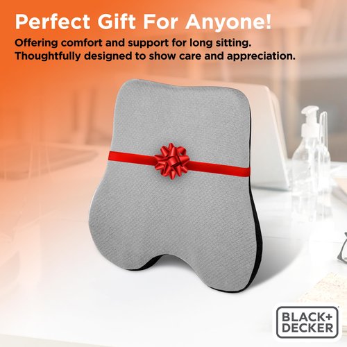 BLACK+DECKER Memory Foam Lumbar Support Pillow – Lumbar Cushion for Office, Car, Wheelchair & Airplane – Ergonomic, Pain Relief, Adjustable Strap, Washable Cover, Grey/Black