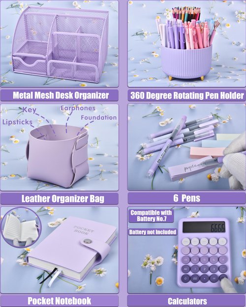 LXEVIHK Purple Desk Organizers and Accessories With Mesh Desk Organizer and 360°Rotating Pen Holder and a Lot of Office Purple Office Supplies Beautifully Presented in a Gift Box, Back to School