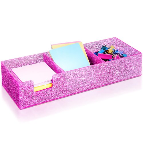 Chunful 3in1 3"x3" Acrylic Glitter Sticky Note Holder For Desk Crystal Acrylic Memo Pad Dispenser Bright Pink Self Stick Note Pad Holder for Dorm Room Home Desk Organizer School Office Supplies