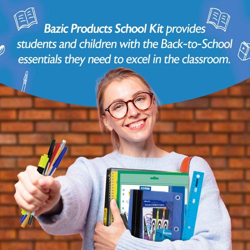BAZIC Products Middle High School Kit Supply Box 65 Count for Student 7-12 Grades, Composition Book Compass, Color May Vary, 1-Pack