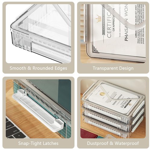 SAYEEC Clear File Storage Box Portable Project Case with Handle Plastic Storage Container with Lid Stackable Flat Storage Bin Document Magazine Protector Organizer for A4 Paper Photo Craft Scrapbook