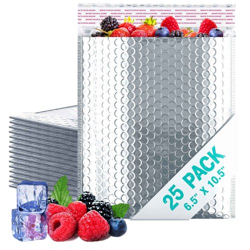 Amiff Silver Thermal Bubble Mailer, 6.5 x 10.5 Inches. 25 Pack Metallic Bubble Mailers. Self-Seal Insulated Mailers for Cold Shipping. Padded Envelopes Waterproof. Thermal Bag for Food, Cosmetics