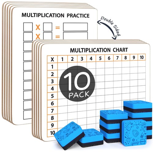 SCRIBBLEDO 10 Pack Dry Erase Multiplication Chart White Board 9" x 12" Multiplication Table l Double Sided Times Table Math Manipulatives Whiteboard for Kids Students Classroom 10 Erasers Included